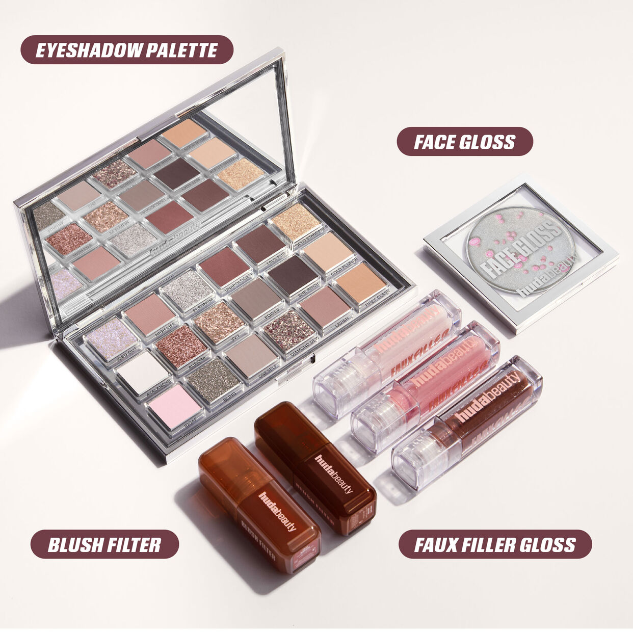 Huda Beauty Icy Nude PH Face Gloss shade navigation pink purple pearl formula
