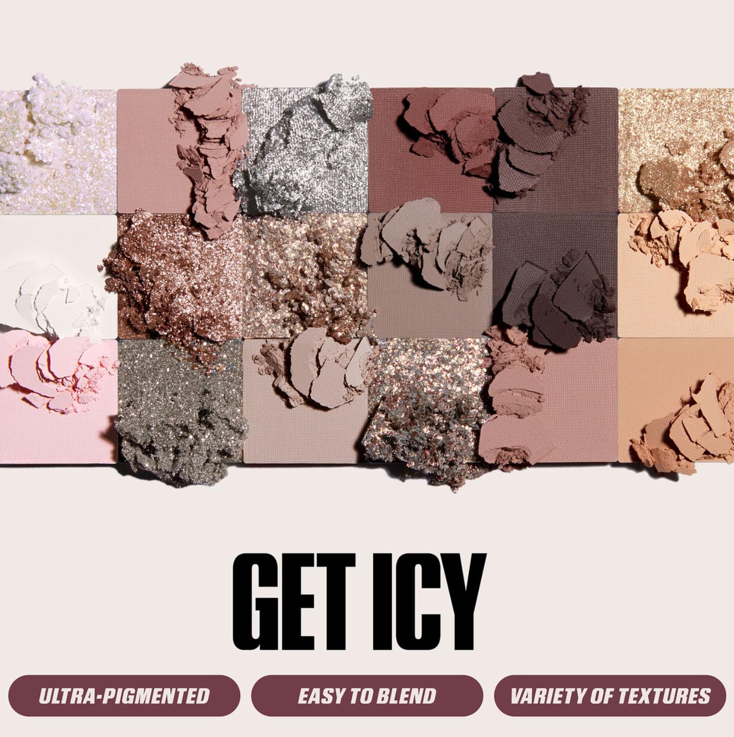 Huda Beauty Icy Nude Palette duochrome metallic foil shimmer matte textures
