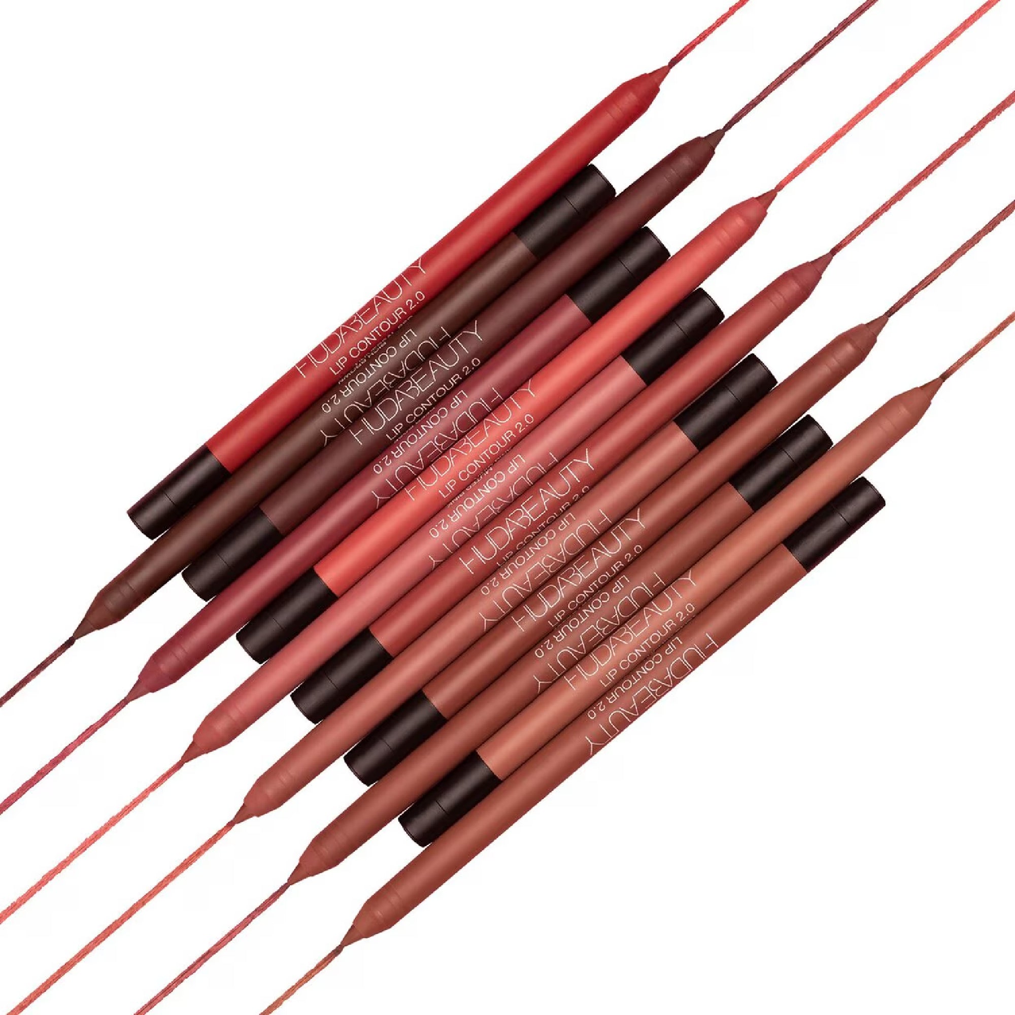 Huda Beauty Lip Contour Matte Lip Liner three shades flat lay packaging
