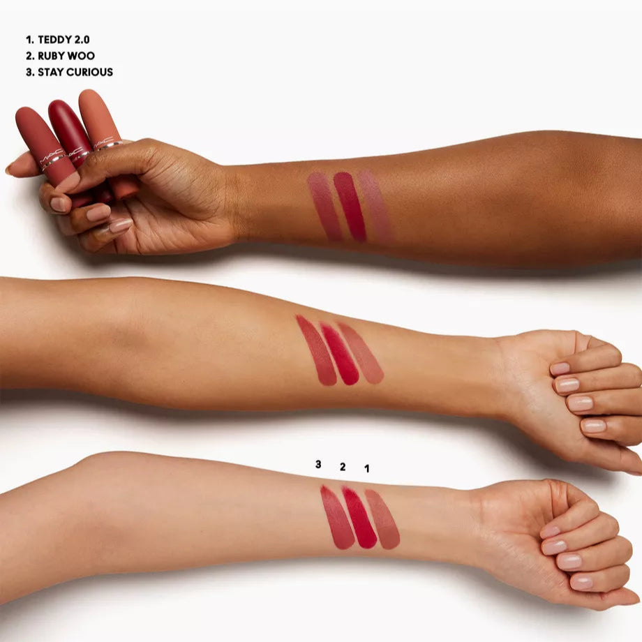 MAC Hail to the Chic Lipstick Trio Set shades swatches on skin
