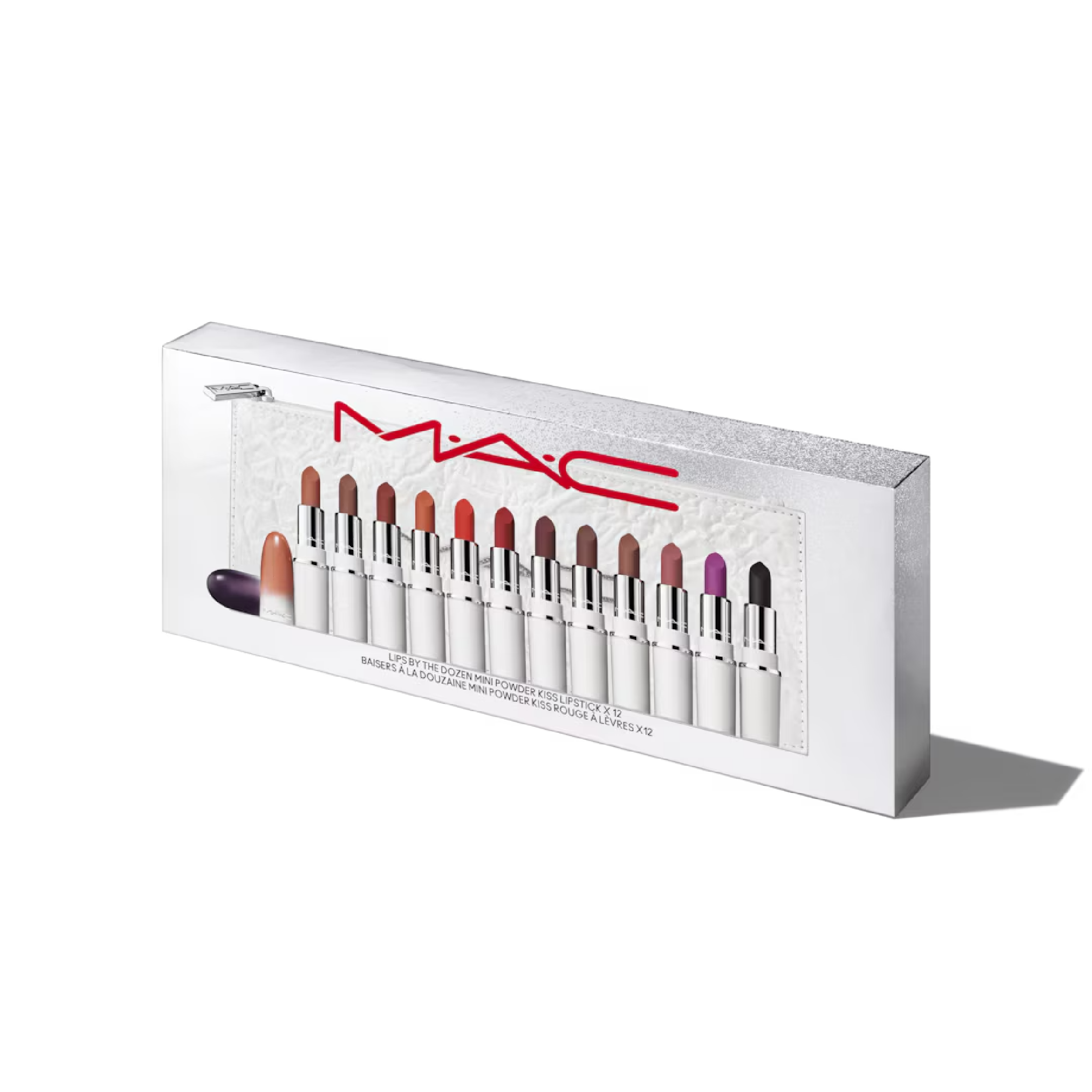 MAC Lips By The Dozen Mini Powder Kiss Lipstick 12 shades open set flat lay
