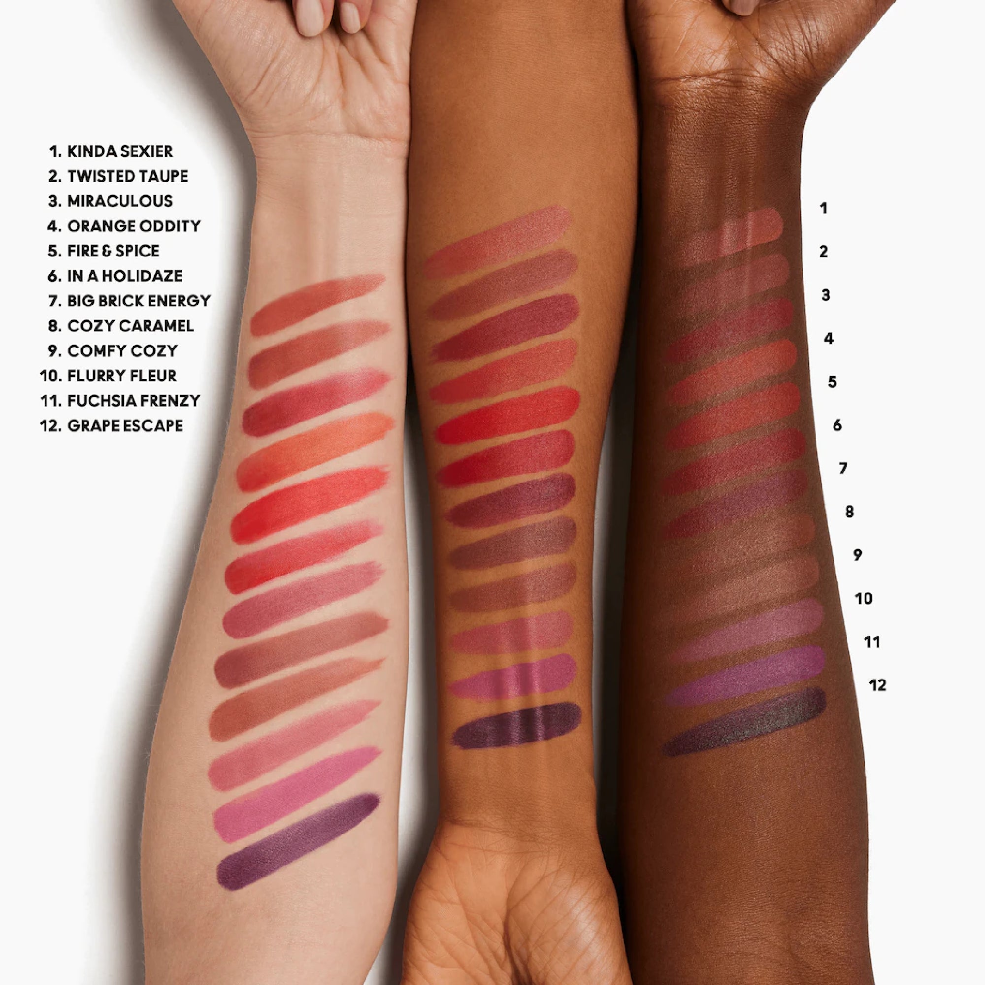 MAC Lips By The Dozen Mini Powder Kiss Lipstick swatches all 12 shades on lips
