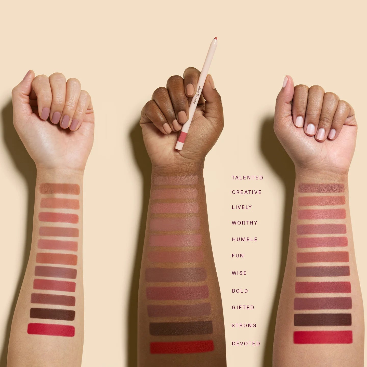 Rare Beauty Kind Words Matte Lip Liner Wise arm swatches all shades comparison