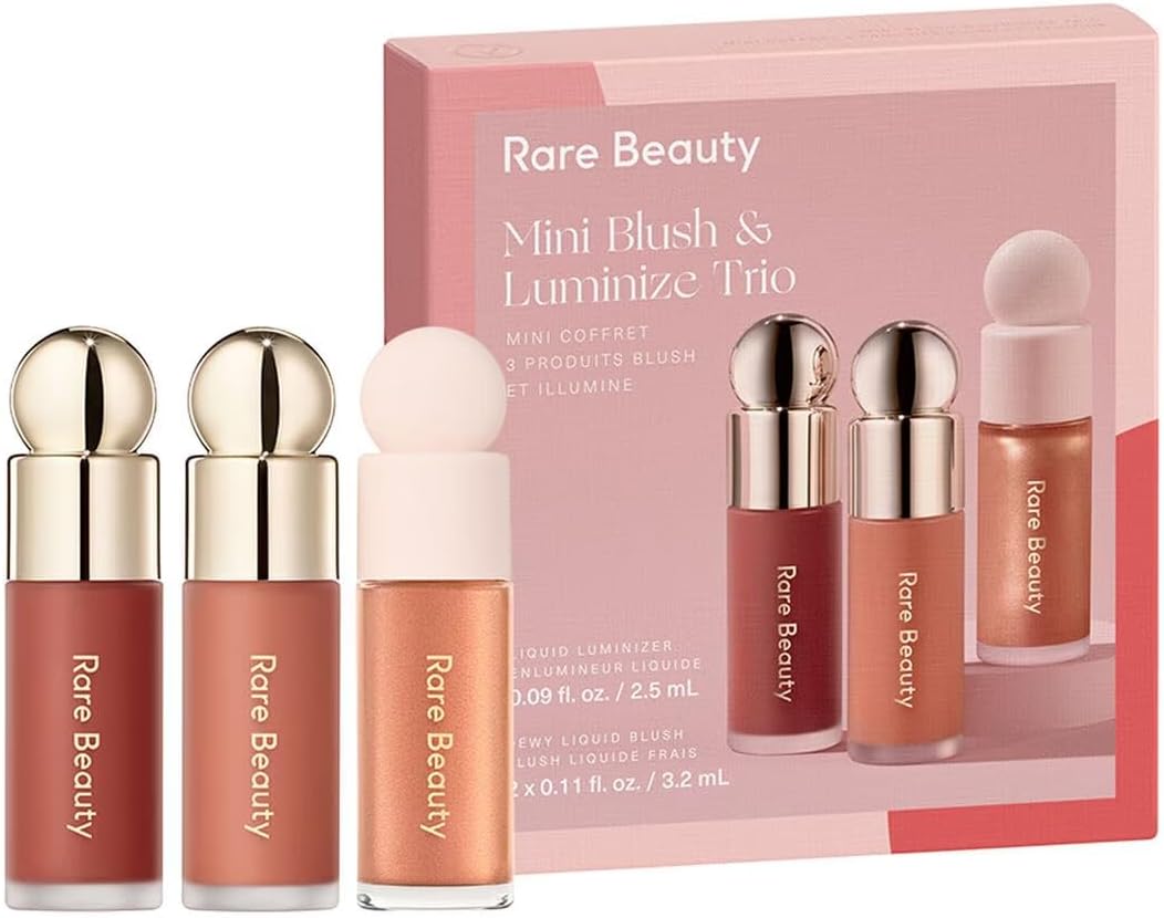Rare Beauty Mini Blush Luminize Trio buildable blush highlighter formula swatch